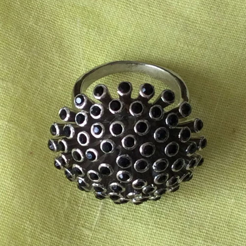 Mushroom-shaped ring with black stones like new