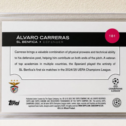 Álvaro Carreras Benfica Rookie Chrome card, magenta lava, mint condition