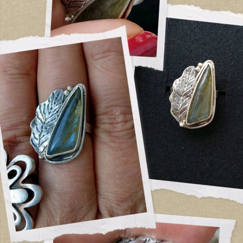 Vintage Turkish ring with natural labradorite, used, 925 silver