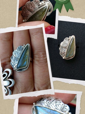 Vintage Turkish ring with natural labradorite, used, 925 silver