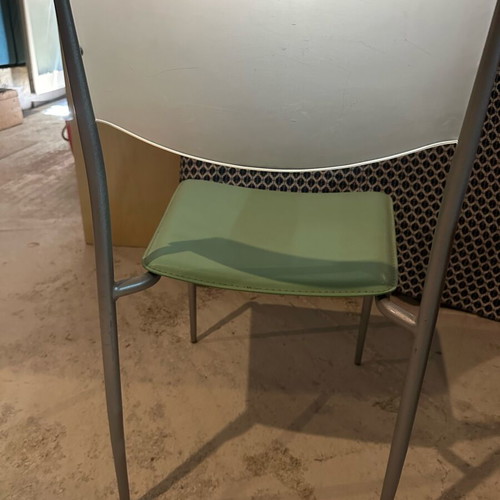Glass dining table with extension and 4 used chairs, light green