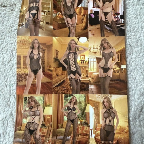 Sexy net set with open crotch stockings, black with red details, new