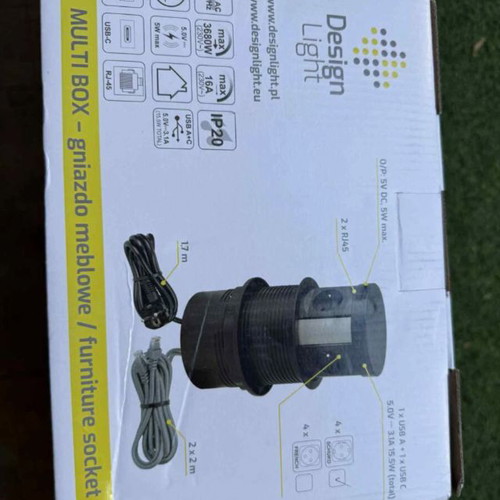 Πρίζα γραφείου Design Light MULTIBOX καινούργια, 4xDE, USB, USB-C, QI, RJ45, 2μ, μαύρο