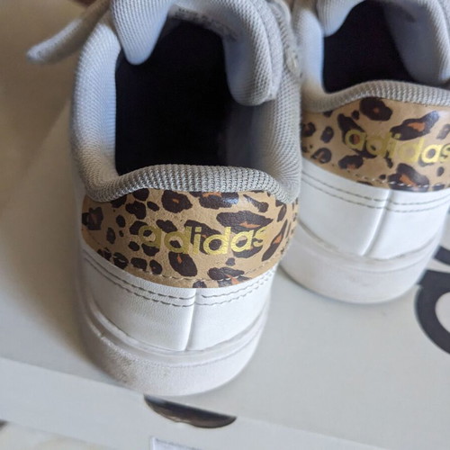 Adidas kids athletic shoes used with leopard design size 33 white