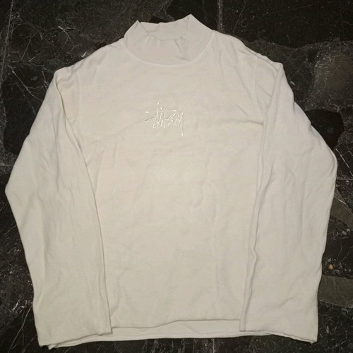 Unisex Stüssy cream mock neck sweatshirt used with embroidered logo