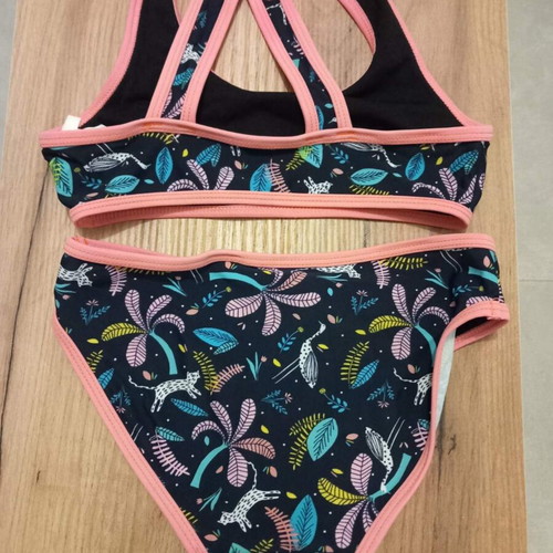 Orchestra girls' bikini swimsuit used, black with floral design, age 10