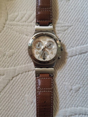 Swatch Irony Chrono ρολόι μεταχειρισμένο, ατσάλινη κάσα, καφέ δερμάτινο λουράκι