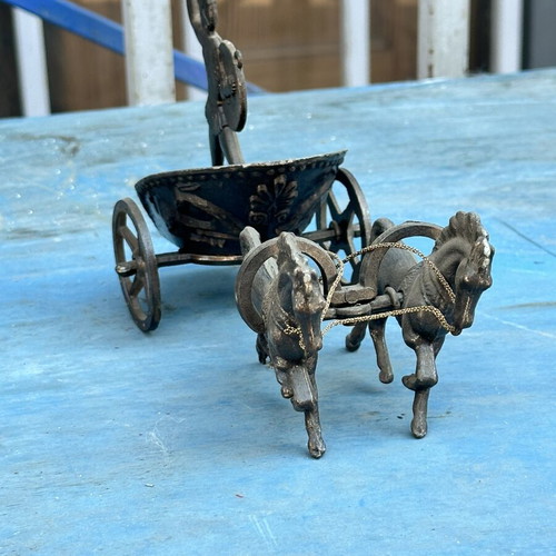 Ancient Greek decorative chariot with warrior and horses, 19 cm