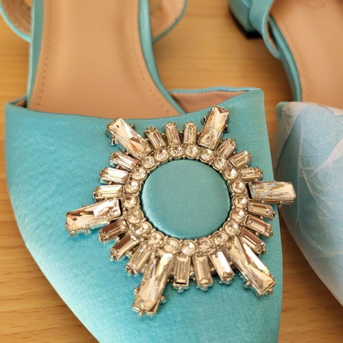 Flat mules new, turquoise satin with crystals, size 40