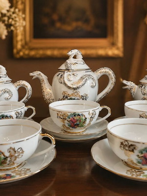 Vintage Japanese porcelain tea and coffee set with geisha face, like new