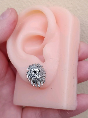Stainless steel lion head stud earrings with zirconia