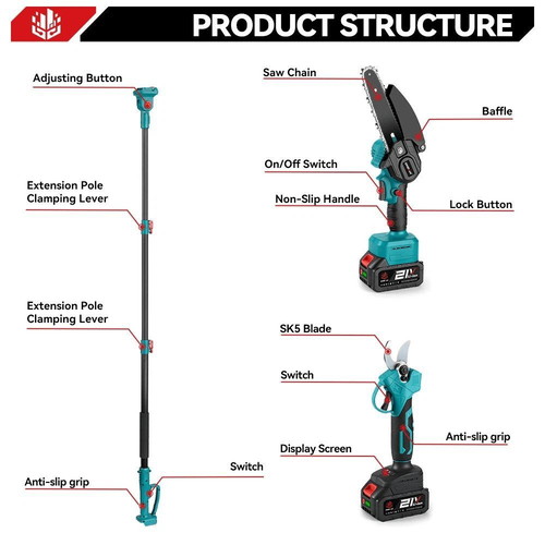 Rechargeable 4-in-1 Pruning Set 21V with 6" Chainsaw and Telescopic Pole