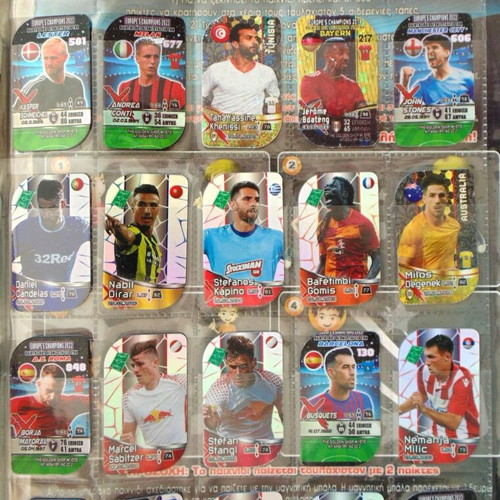 Complete album with European football magnetic metal tags, foil