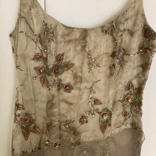 Evening dress like new, silk with embroidery and transparency, size M