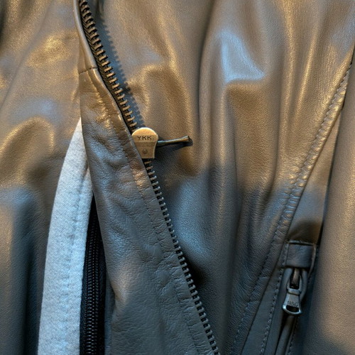 Navy & Green leather men's jacket with detachable hood, like new, medium