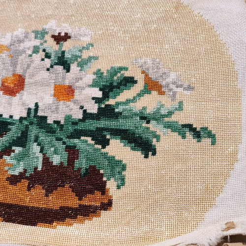 Vintage needlepoint with embroidered daisy bouquet used