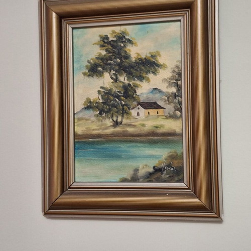 Vintage wall frame with house by the river painting on canvas