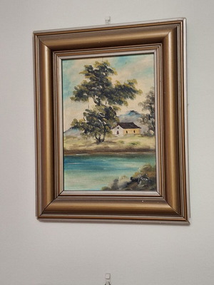Vintage wall frame with house by the river painting on canvas