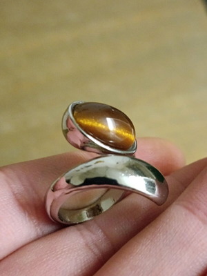 Artisan women's ring with cabochon oval stone, thick adjustable steel new