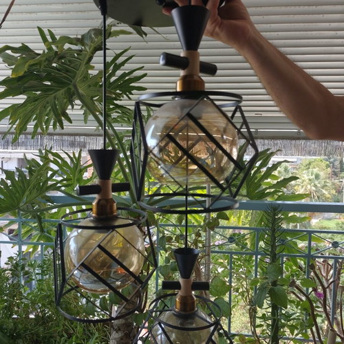 Metal three-light pendant ceiling lamp with geometric cage shades