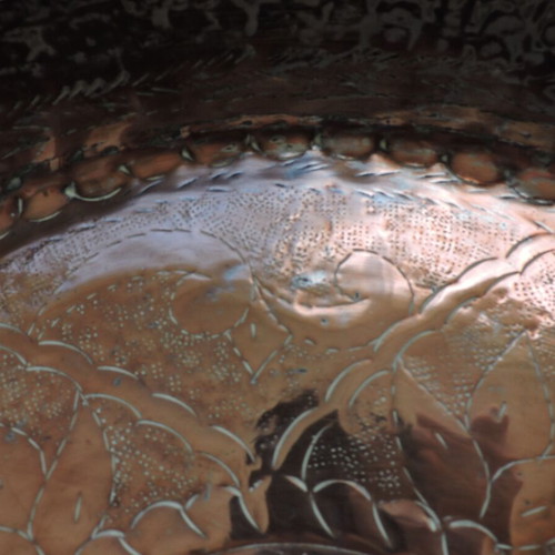 Copper tray used, vintage with designs, 45 cm diameter