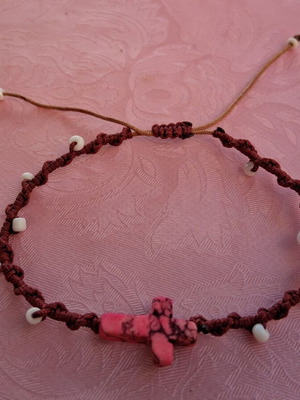Macrame bracelet with cross and beads, like new, adjustable size