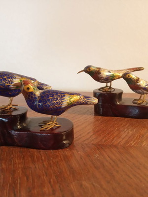 Set of 4 antique cloisonné birds with wooden bases