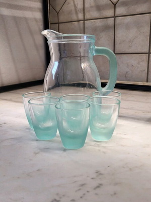 Pitcher and six glasses set like new, glass, blue color