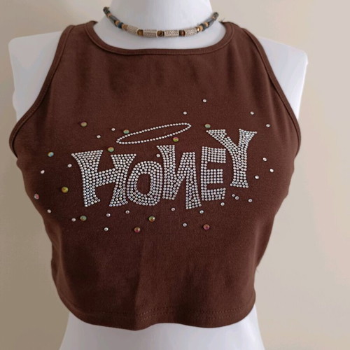 Shein Honey brown crop top like new, silver rhinestones, size M