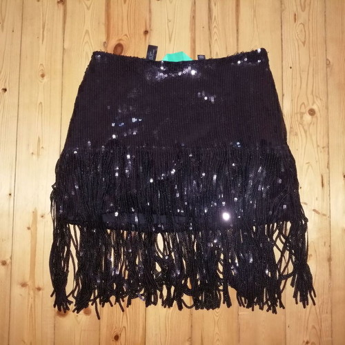 Something New women's black sequin skirt with fringes, XS-S