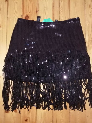 Something New women's black sequin skirt with fringes, XS-S