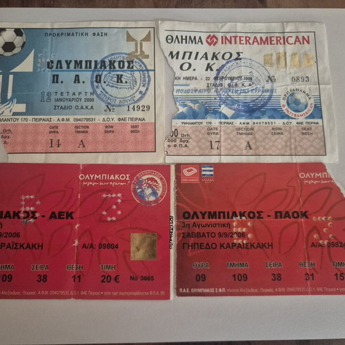 Olympiacos football tickets, set of 7, 1999-2007