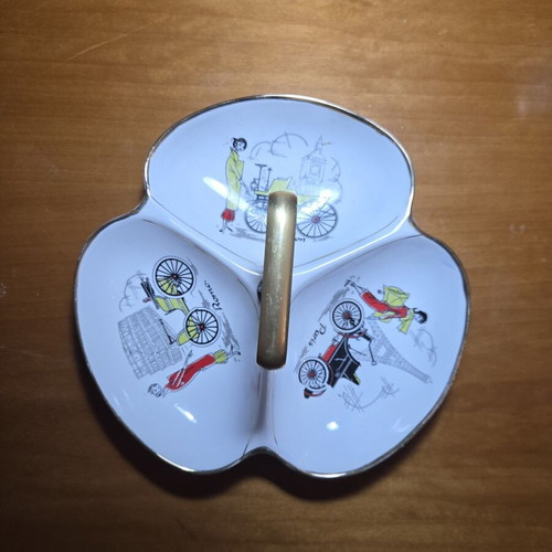 Porcelain Serving Platter with Three Compartments and Central Metal Handle