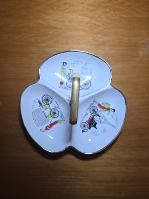 Porcelain Serving Platter with Three Compartments and Central Metal Handle