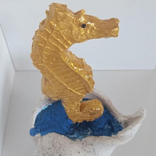 Handmade Decorative Gold Seahorse from Clay and Resin with White Shell Base
