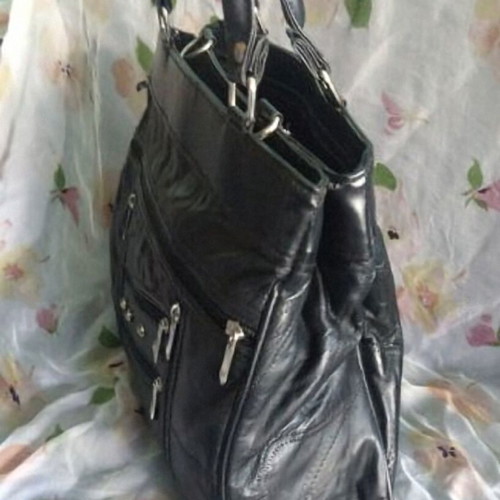 Ergonomic women's leather bag used, black, patchwork design