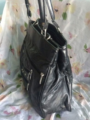 Ergonomic women's leather bag used, black, patchwork design