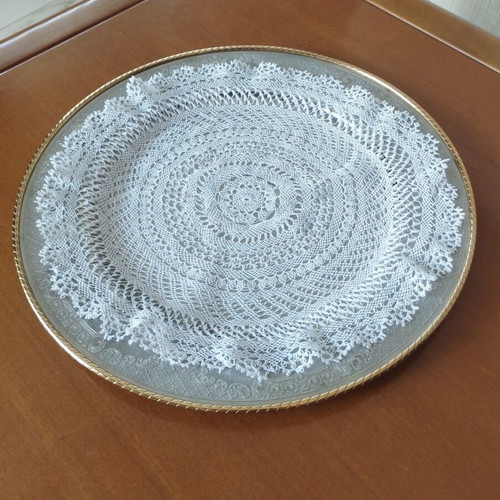 Vintage stainless steel serving tray 30cm with gold trim, mint condition