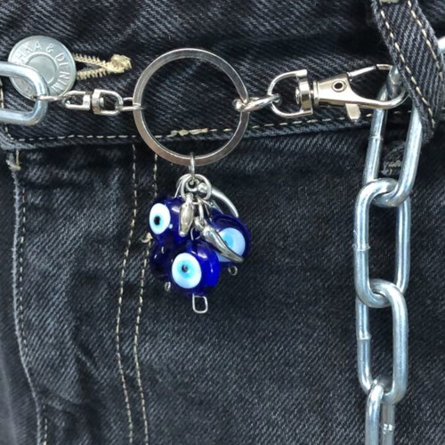 Silver Chunky Paperclip Chain Belt with Evil Eye and Key Charms Y2K Grunge
