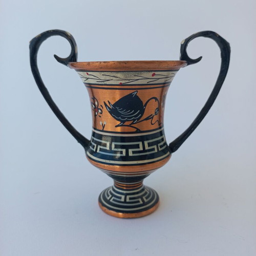 Set of 5 old copper amphora miniatures like new, handmade Greek