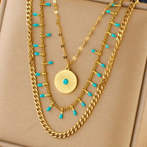 Necklace set stainless steel gold tone with blue accents new