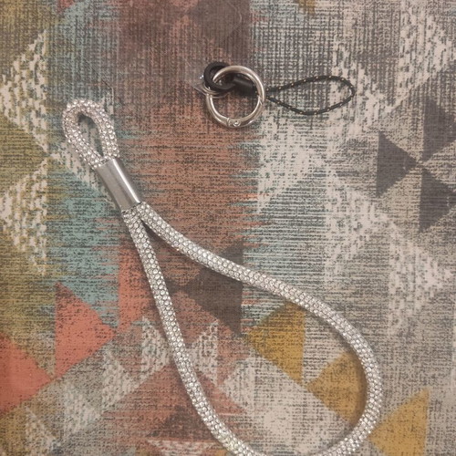 Mobile phone strap new with rhinestones in silver color