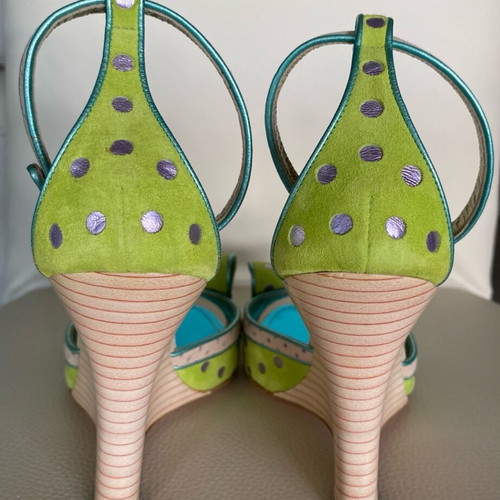 Christian Lacroix suede platform sandals like new, green with turquoise and gray details