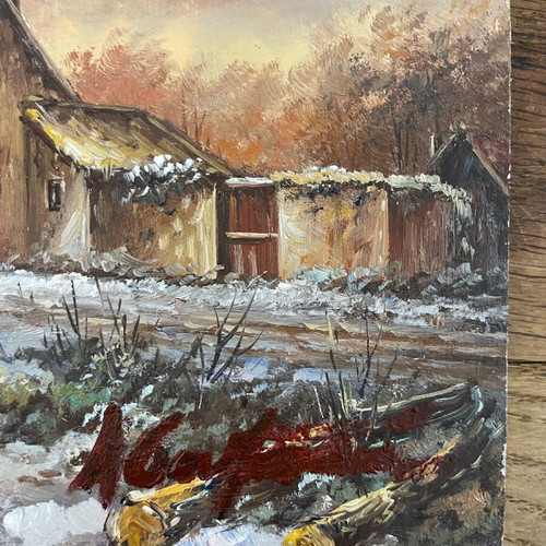 Oil painting on wood winter landscape by Abatucci