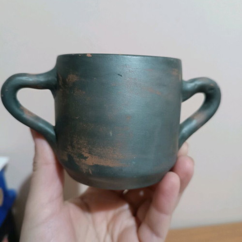 Handmade ceramic mug with two handles like new