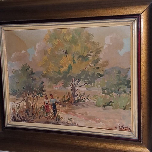 Antonis Kanas 'Agrotikon, Athens - Mesogeia' oil on wood painting