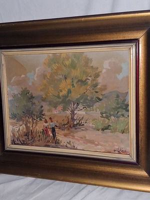 Antonis Kanas 'Agrotikon, Athens - Mesogeia' oil on wood painting