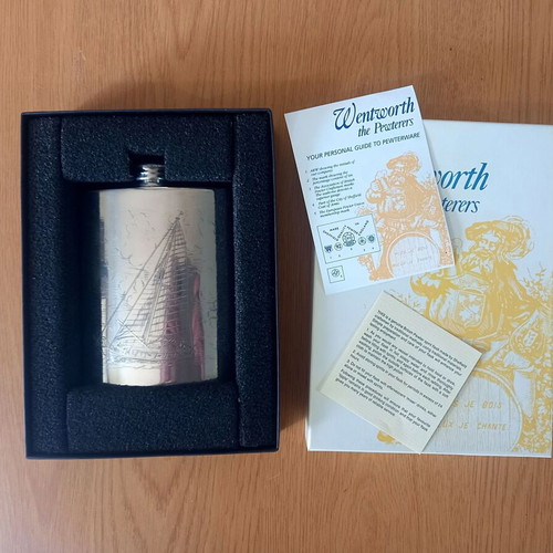 Wentworth Pewterers vintage hip flask with sailing ship design