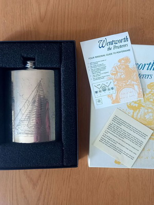 Wentworth Pewterers vintage hip flask with sailing ship design
