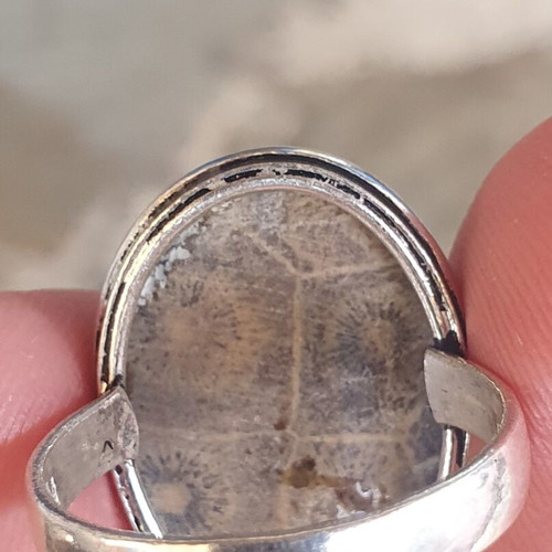 Polished Coral Fossil Ring silver plated size USA9 new